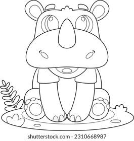 Outlined Cute Baby Rhinoceros Animal Cartoon Character. Vector Hand Drawn Illustration Isolated On Transparent Background