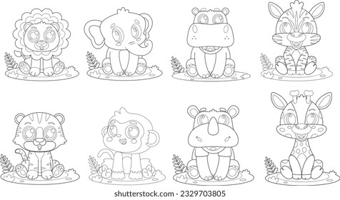 Outlined Cute Baby Safari Animal Cartoon Characters. Vector Hand Drawn Collection Set Isolated On Transparent Background