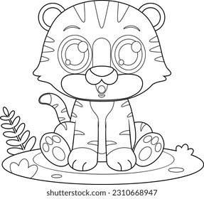 Outlined Cute Baby Tiger Animal Cartoon Character. Vector Hand Drawn Illustration Isolated On Transparent Background