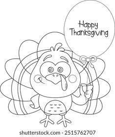 Outlined Cute Baby Turkey Bird Cartoon Character With Balloon And Text Happy Thanksgiving. Vector Hand Drawn Illustration Isolated On Transparent Background