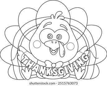 Outlined Cute Baby Turkey Bird Cartoon Character Holding Text Thanksgiving. Vector Hand Drawn Illustration Isolated On Transparent Background