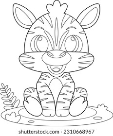 Outlined Cute Baby Zebra Animal Cartoon Character. Vector Hand Drawn Illustration Isolated On Transparent Background