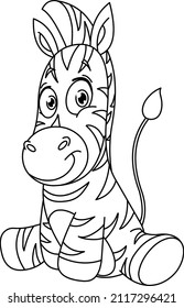 Outlined cute baby zebra sitting. Vector line art illustration coloring page.