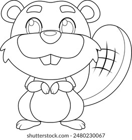 Outlined Cute Beaver Animal Cartoon Character. Vector Hand Drawn Illustration Isolated On Transparent Background