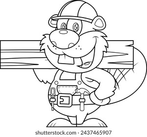 Outlined Cute Beaver Carpenter Cartoon Character Holding Wood Plank. Vector Hand Drawn Illustration Isolated On Transparent Background