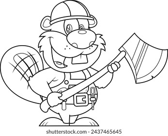 Outlined Cute Beaver Cartoon Character Wearing A Helmet Holding An Axe. Vector Hand Drawn Illustration Isolated On Transparent Background