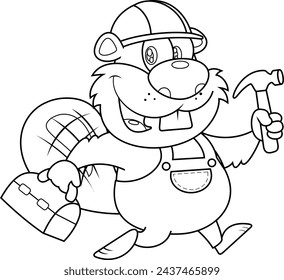 Outlined Cute Beaver Cartoon Character Construction Worker Running Tool Box And Hammer. Vector Hand Drawn Illustration Isolated On Transparent Background