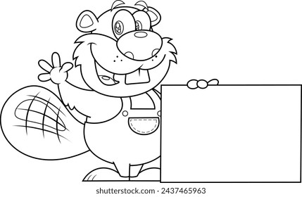 Outlined Cute Beaver Cartoon Character Holding A Blank Sign And Waving For Greeting. Vector Hand Drawn Illustration Isolated On Transparent Background