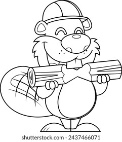 Outlined Cute Beaver Cartoon Character Wearing A Helmet And Gnawing Wood. Vector Hand Drawn Illustration Isolated On Transparent Background