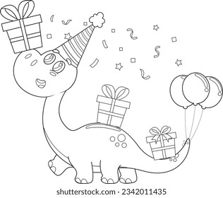 Outlined Cute Birthday Dinosaur Cartoon Character Carries On Gift Boxes. Vector Hand Drawn Illustration Isolated On Transparent Background