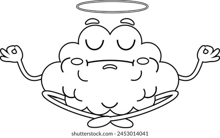 Outlined Cute Brain Cartoon Character Meditating. Vector Hand Drawn Illustration Isolated On Transparent Background