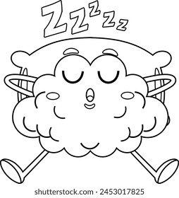 Outlined Cute Brain Cartoon Character Sleeping. Vector Hand Drawn Illustration Isolated On Transparent Background