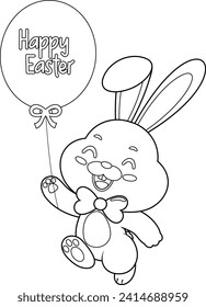 Outlined Cute Bunny Rabbit Cartoon Character Running With Balloon And Text Happy Easter. Vector Hand Drawn Illustration Isolated On Transparent Background
