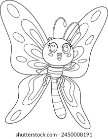 Outlined Cute Butterfly Cartoon Character Waving For Greeting. Vector Hand Drawn Illustration Isolated On Transparent Background