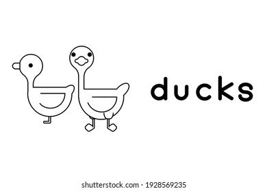 Outlined cute cartoon ducks. Vector illustration.