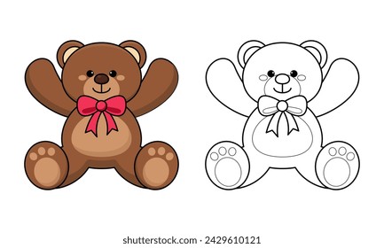 Dibujo animado lindo esquematizado del oso de peluche para colorear ilustración vectorial aislado sobre fondo blanco