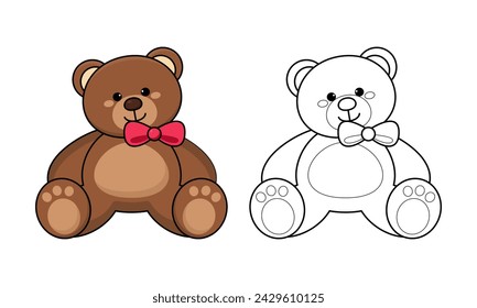 Dibujo animado lindo esquematizado del oso de peluche para colorear ilustración vectorial aislado sobre fondo blanco