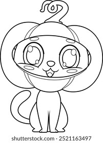 Outlined Cute Cat Cartoon Character Wearing A Halloween Pumpkin Mask. Vector Hand Drawn Illustration Isolated On Transparent Background