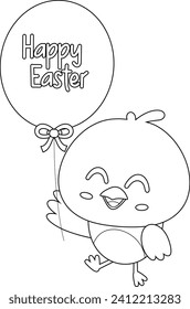 Outlined Cute Chick Cartoon Character Holding Balloon With Text Happy Easter. Vector Hand Drawn Illustration Isolated On Transparent Background
