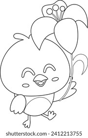 Outlined Cute Chick Cartoon Character Walking And Holding A Flower. Vector Hand Drawn Illustration Isolated On Transparent Background