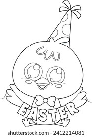 Outlined Cute Chick Cartoon Character With Sign Easter. Vector Hand Drawn Illustration Isolated On Transparent Background