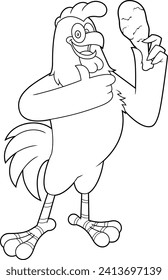 Outlined Cute Chicken Rooster Cartoon Character Holding Fried Leg And Giving The Thumbs Up. Vector Hand Drawn Illustration Isolated On Transparent Background