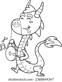 Outlined Cute Chinese Dragon Cartoon Character Walking With A Drum. Vector Hand Drawn Illustration Isolated On Transparent Background