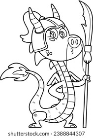 Outlined Cute Chinese Dragon Warrior Cartoon Character With A Crescent Blade. Vector Hand Drawn Illustration Isolated On Transparent Background
