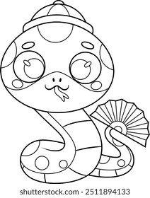 Outlined Cute Chinese New Year Snake Cartoon Character Holding A Fan. Vector Hand Drawn Illustration Isolated On Transparent Background