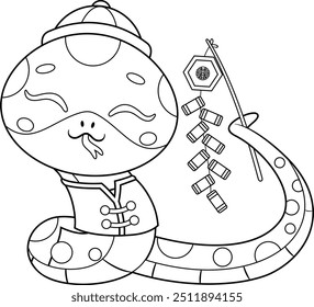 Outlined Cute Chinese New Year Snake Cartoon Character Holding Red Chinese Firecracker. Vector Hand Drawn Illustration Isolated On Transparent Background