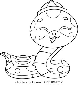 Outlined Cute Chinese New Year Snake Cartoon Character Holding Gold Ingot. Vector Hand Drawn Illustration Isolated On Transparent Background