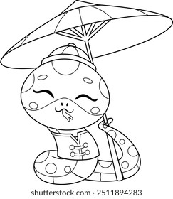 Outlined Cute Chinese New Year Snake Cartoon Character Holding Oil Paper Umbrella. Vector Hand Drawn Illustration Isolated On Transparent Background
