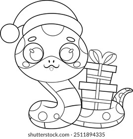 Outlined Cute Chinese New Year Snake Cartoon Character With Santa Carrying Gift Boxes. Vector Hand Drawn Illustration Isolated On Transparent Background