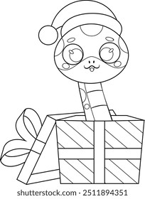 Outlined Cute Chinese New Year Snake Cartoon Character With Santa Exit From Gift Box. Vector Hand Drawn Illustration Isolated On Transparent Background