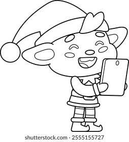 Outlined Cute Christmas Elf Cartoon Character Using A Phone To Assist Santa. Vector Hand Drawn Illustration Isolated On Transparent Background