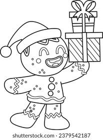 Outlined Cute Christmas Gingerbread Man Cartoon Character Holding Up A Gift Boxes. Vector Hand Drawn Illustration Isolated On Transparent Background