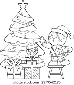 Outlined Cute Christmas Gingerbread Man Cartoon Character Decorate The Christmas Tree. Vector Hand Drawn Illustration Isolated On Transparent Background