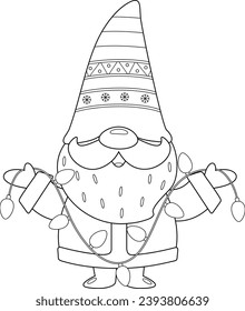 Outlined Cute Christmas Gnome Cartoon Character Holding Christmas Lights. Vector Hand Drawn Illustration Isolated On Transparent Background