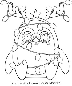 Outlined Cute Christmas Penguin Cartoon Character With Antlers And Lights. Vector Hand Drawn Illustration Isolated On Transparent Background