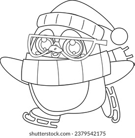 Outlined Cute Christmas Penguin Cartoon Character On Skates. Vector Hand Drawn Illustration Isolated On Transparent Background