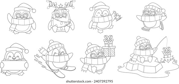 Outlined Cute Christmas Penguin Cartoon Character In Different Poses. Vector Hand Drawn Collection Set Isolated On Transparent Background