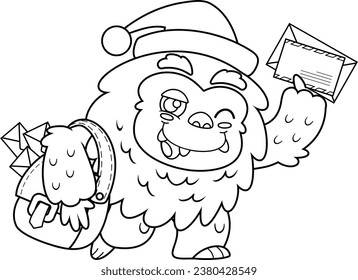 Outlined Cute Christmas Yeti Bigfoot Cartoon Character Delivering Letter. Vector Hand Drawn Illustration Isolated On Transparent Background