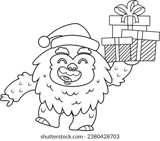 Outlined Cute Christmas Christmas Yeti Bigfoot Cartoon Character Holding Up Gift Boxes. Vector Hand Drawn Illustration Isolated On Transparent Background