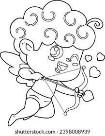 Outlined Cute Cupid Angel Cartoon Character Flying With Bow And Arrow. Vector Hand Drawn Illustration Isolated On Transparent Background