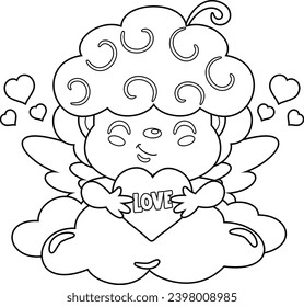 Esbozado Personaje Cupido De Caricatura Ángel Con Corazón De Amor En La Nube. Ilustración dibujada a mano vectorial aislada en fondo transparente