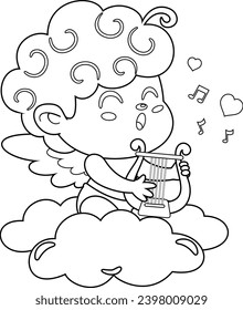 Outlined Cute Cupid Angel Cartoon Character Sing A Love Song With Harp Over Clouds. Vector Hand Drawn Illustration Isolated On Transparent Background