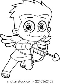 Outlined Cute Cupid Baby Cartoon Character With Bow And Arrow Flying. Vector Hand Drawn Illustration Isolated On Transparent Background