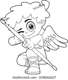 Outlined Cute Cupid Baby Cartoon Character Aiming At Someone With Arrow Of Love. Vector Hand Drawn Illustration Isolated On Transparent Background