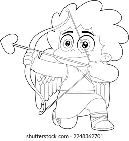 Outlined Cute Cupid Baby Cartoon Character Shooting Arrow Of Love. Vector Hand Drawn Illustration Isolated On Transparent Background