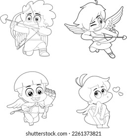 Outlined Cute Cupid Baby Cartoon Character. Vector Hand Drawn Collection Set Isolated On Transparent Background